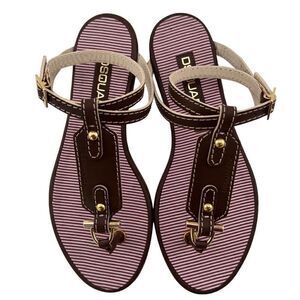 New Dsquared 2 Women Brown Leather Flat Sandals Gold T-Strap Ankle Strappy Shoes